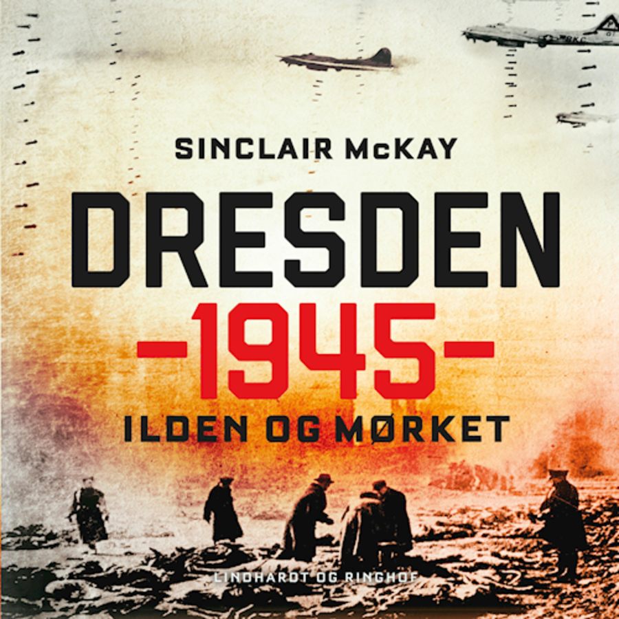 Billede af forside fra bogen "Dresden 1945 - Ilden og mørket". Forsiden forestiller de overlevende som roder rundt i murbrokker efter et bombardement